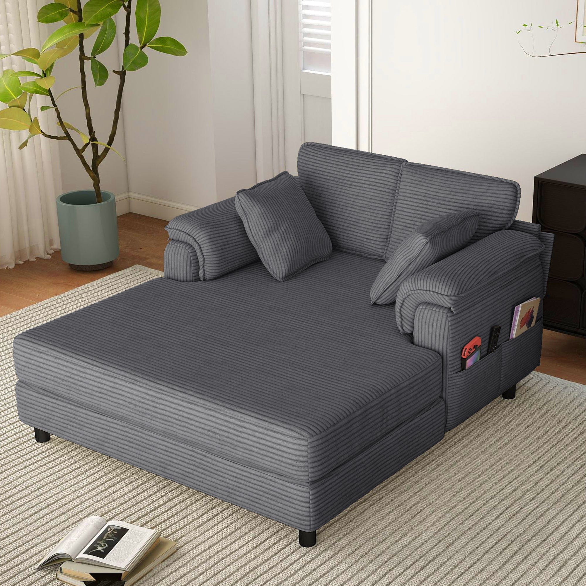 Real Relax Real Relax Chaise Lounge Chair Indoor, 58'' Oversized Comfy Upholstered Lounge Sofa Bed with Wooden and Iron Frame, Cozy Sleeper Couch for Living Room, Game Room, Apartment, Corduroy, Dark Gray