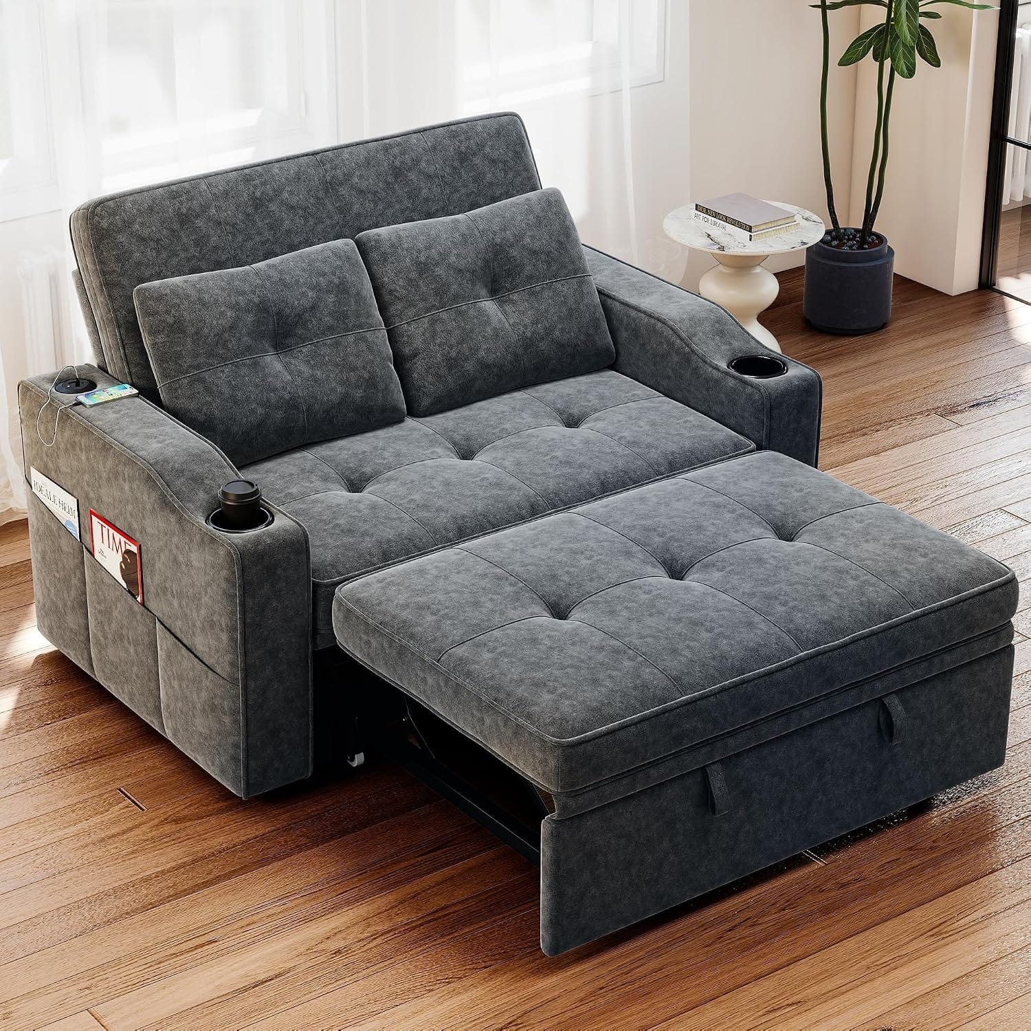 Real Relax Real Relax 3 in 1 Loveseat Sleeper, Convertible Couch Bed, Pull Out Sofa Bed with USB Charging Ports, 5 Level Adjustable Backrest, Cup Holders for Living Room, Sunroom, Apartment, Chenille, Dark Gray