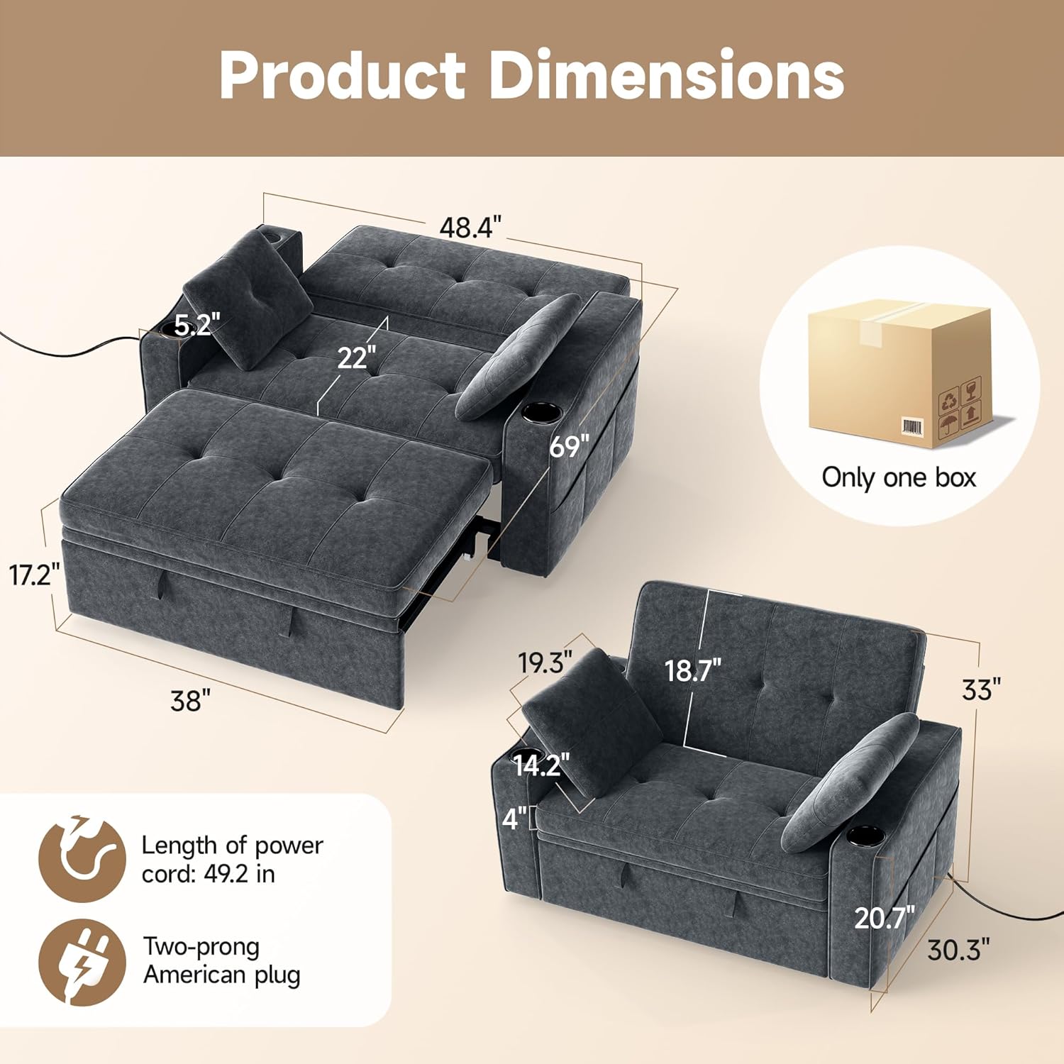 Real Relax Real Relax 3 in 1 Loveseat Sleeper, Convertible Couch Bed, Pull Out Sofa Bed with USB Charging Ports, 5 Level Adjustable Backrest, Cup Holders for Living Room, Sunroom, Apartment, Chenille, Dark Gray