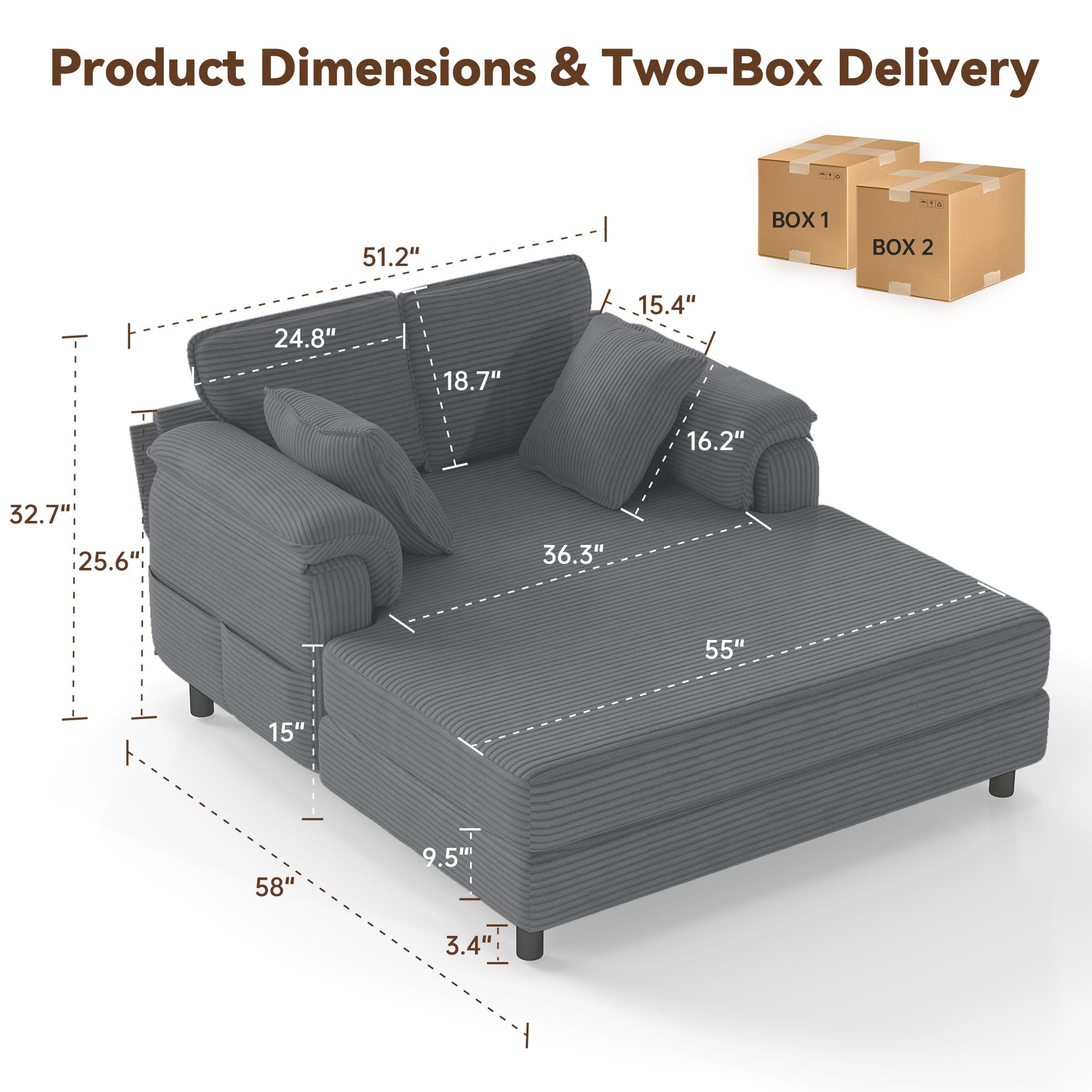 Real Relax Real Relax Chaise Lounge Chair Indoor, 58'' Oversized Comfy Upholstered Lounge Sofa Bed with Wooden and Iron Frame, Cozy Sleeper Couch for Living Room, Game Room, Apartment, Corduroy, Dark Gray