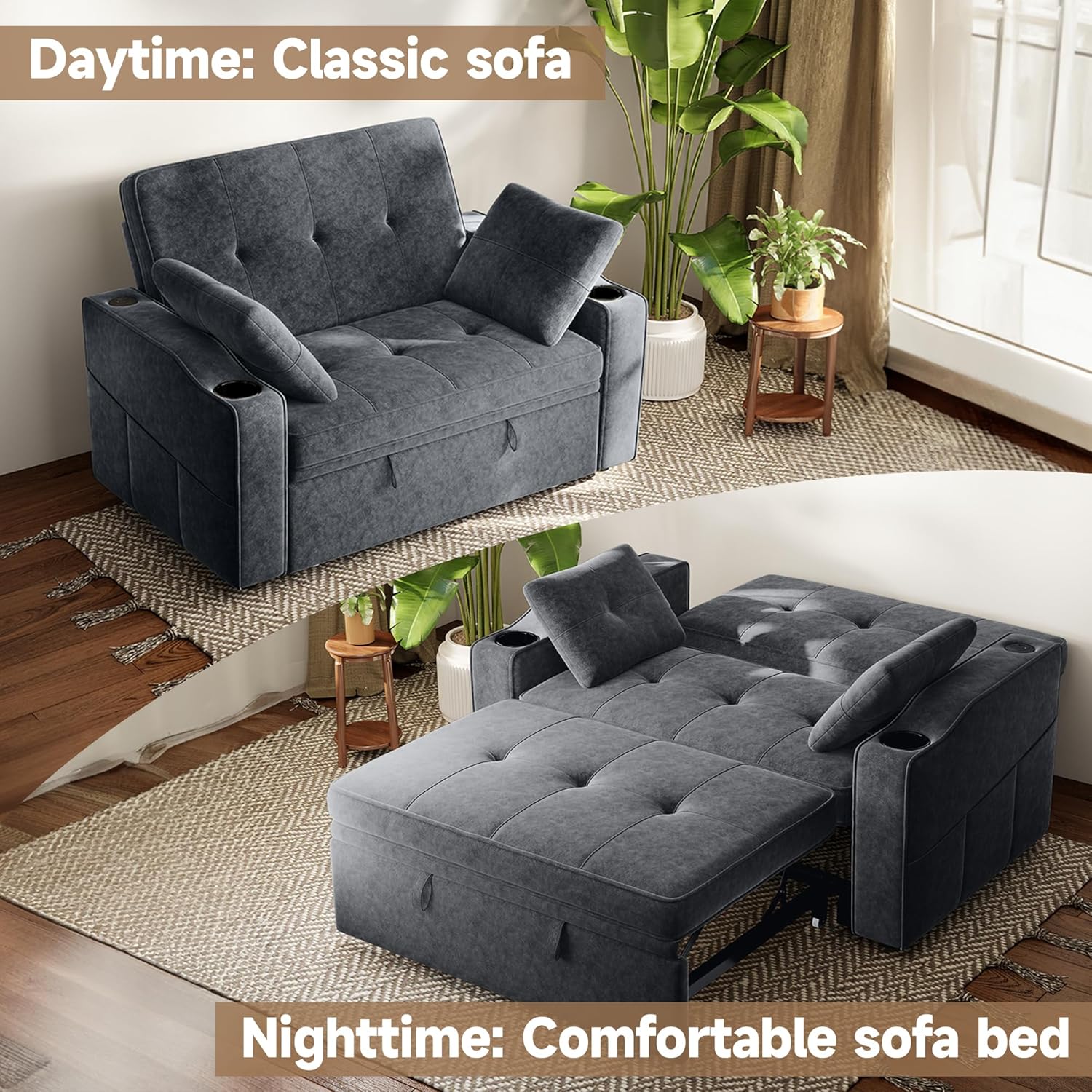 Real Relax Real Relax 3 in 1 Loveseat Sleeper, Convertible Couch Bed, Pull Out Sofa Bed with USB Charging Ports, 5 Level Adjustable Backrest, Cup Holders for Living Room, Sunroom, Apartment, Chenille, Dark Gray