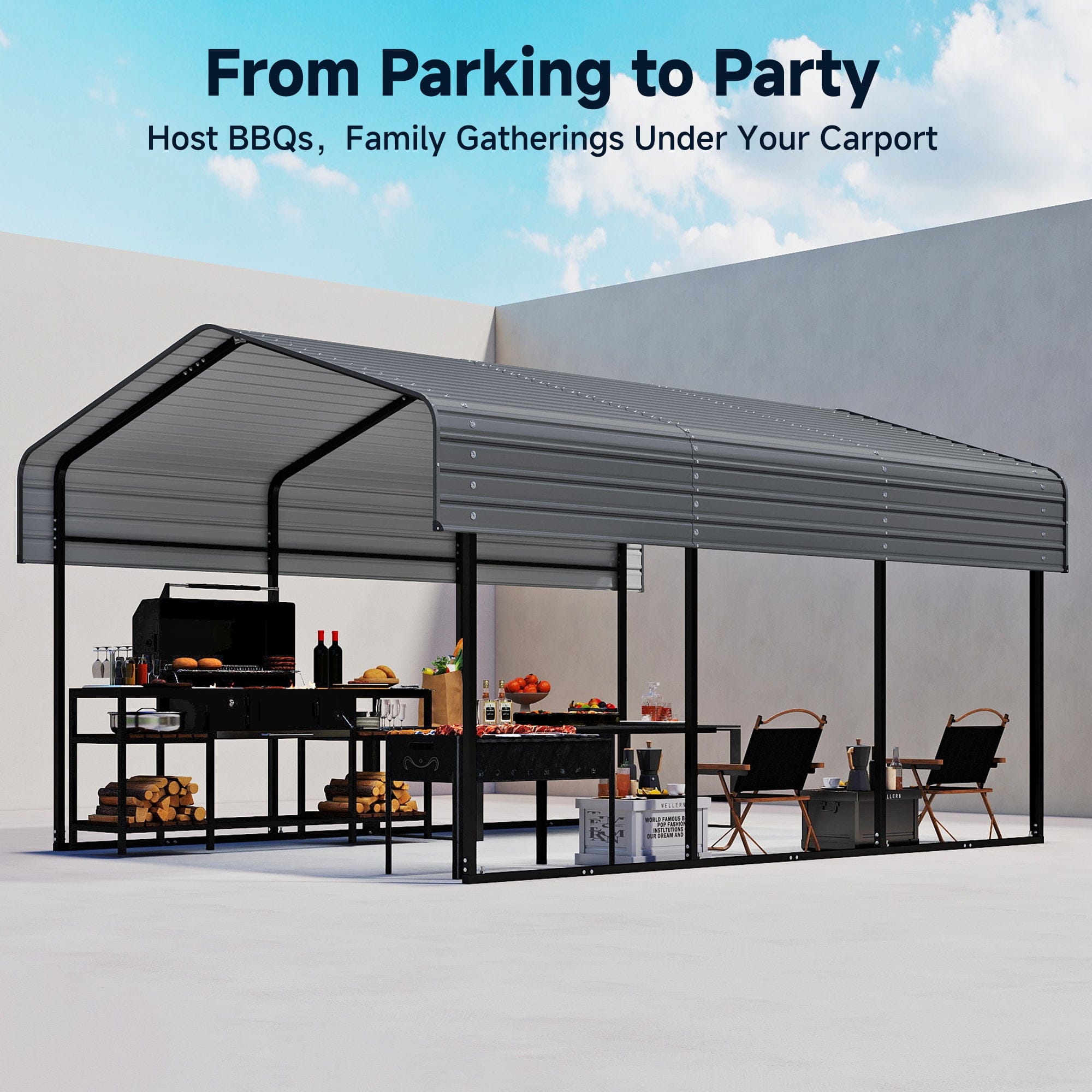 Real Relax 10x15FT Heavy Duty Metal Carport, Outdoor Carport Canopy with Galvanized Steel Roof and Reinforced Base,Removable Sidewalls & Door, Garage Shelter Shade for Cars,Trucks, Boats, Gray