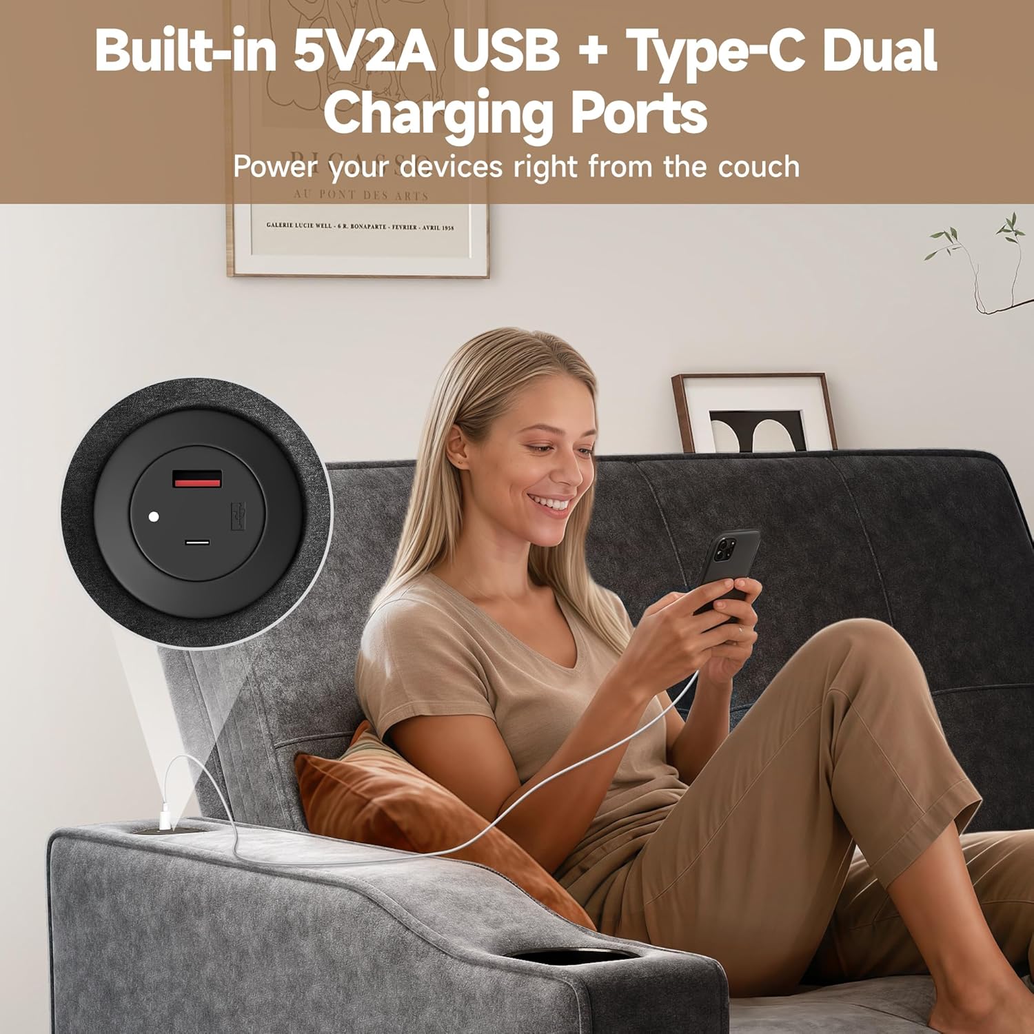 Real Relax Real Relax 3 in 1 Loveseat Sleeper, Convertible Couch Bed, Pull Out Sofa Bed with USB Charging Ports, 5 Level Adjustable Backrest, Cup Holders for Living Room, Sunroom, Apartment, Chenille, Dark Gray