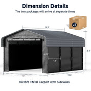Real Relax 10x15FT Heavy Duty Metal Carport, Outdoor Carport Canopy with Galvanized Steel Roof and Reinforced Base,Removable Sidewalls & Door, Garage Shelter Shade for Cars,Trucks, Boats, Gray