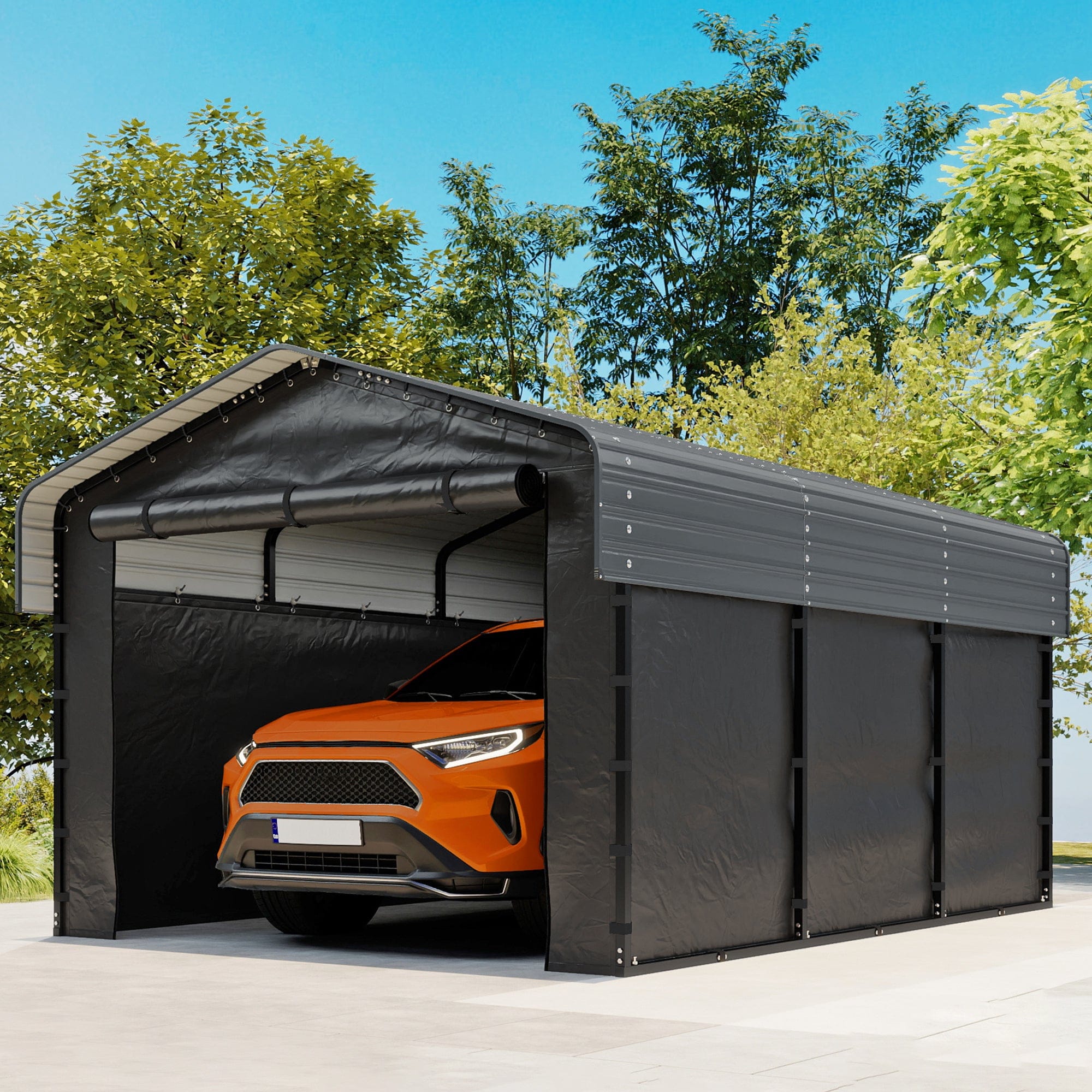 Real Relax 10x15FT Heavy Duty Metal Carport, Outdoor Carport Canopy with Galvanized Steel Roof and Reinforced Base,Removable Sidewalls & Door, Garage Shelter Shade for Cars,Trucks, Boats, Gray