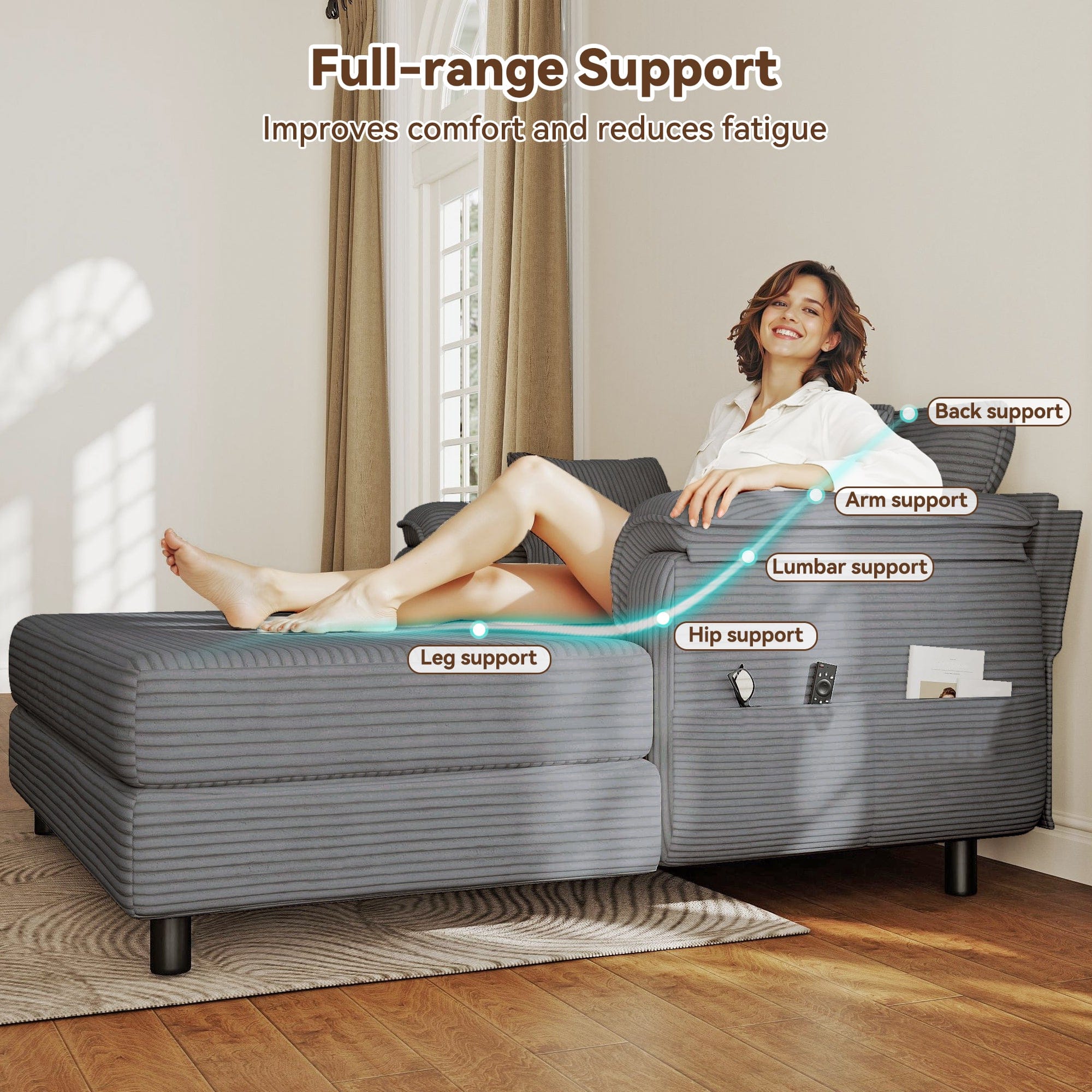 Real Relax Real Relax Chaise Lounge Chair Indoor, 58'' Oversized Comfy Upholstered Lounge Sofa Bed with Wooden and Iron Frame, Cozy Sleeper Couch for Living Room, Game Room, Apartment, Corduroy, Dark Gray