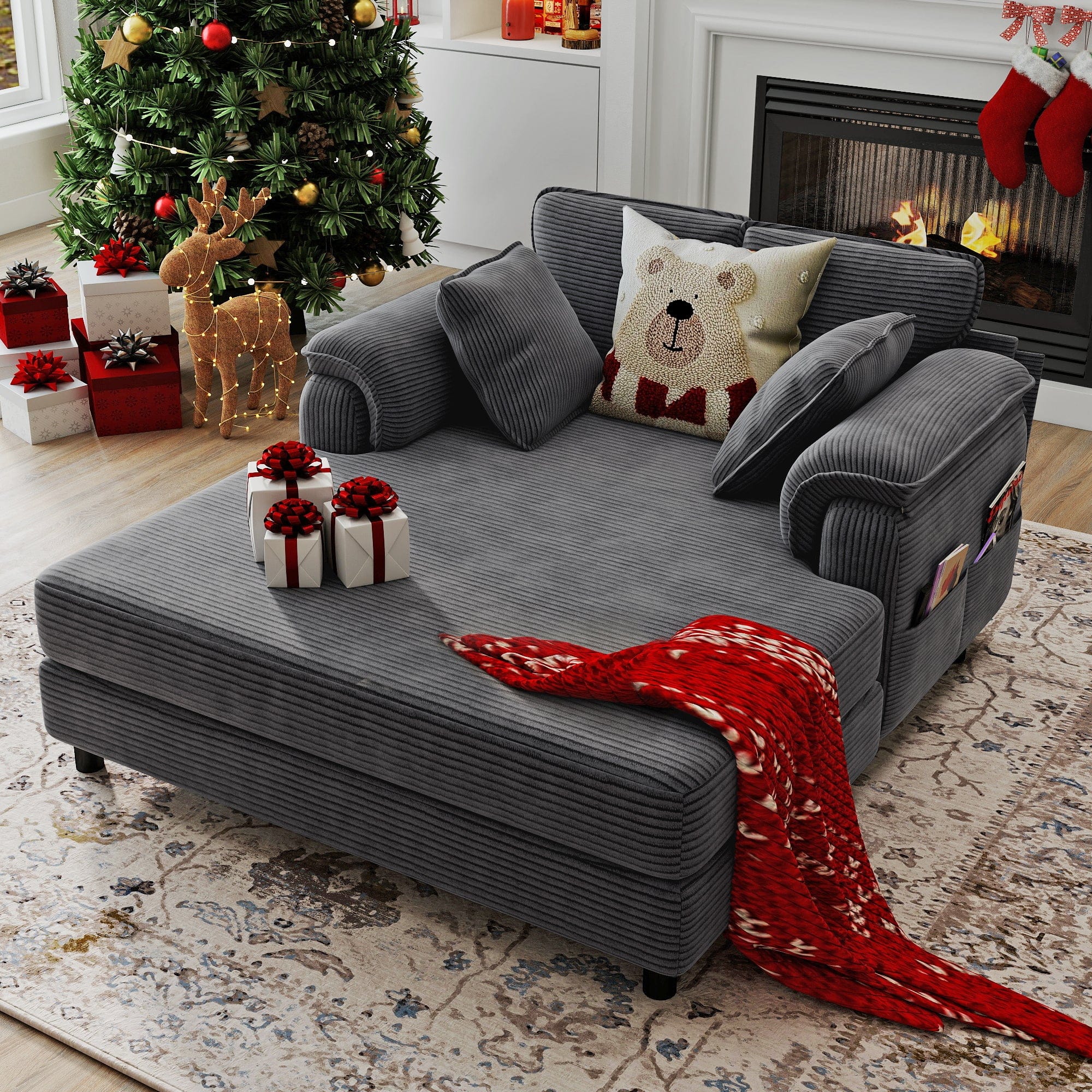 Real Relax Real Relax Chaise Lounge Chair Indoor, 58'' Oversized Comfy Upholstered Lounge Sofa Bed with Wooden and Iron Frame, Cozy Sleeper Couch for Living Room, Game Room, Apartment, Corduroy, Dark Gray