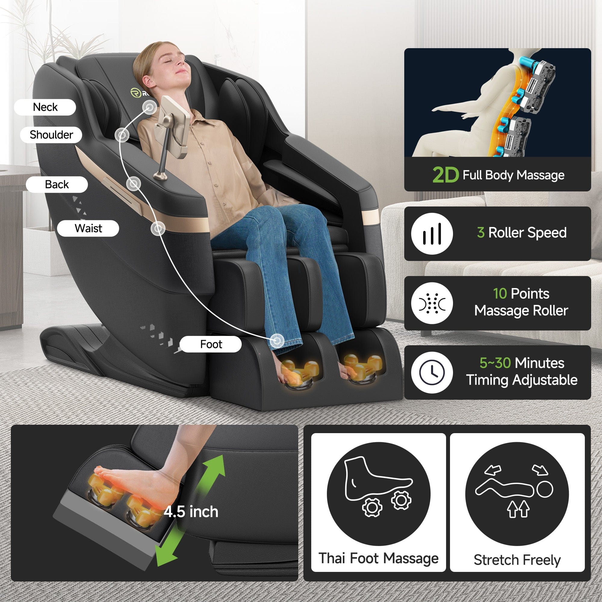 Real Relax Real Relax 2025 Full Body Massage Chair, Zero Gravity Shiatsu Massage Chair Recliner, Foot Massage, Bluetooth, Large Control Screen  black