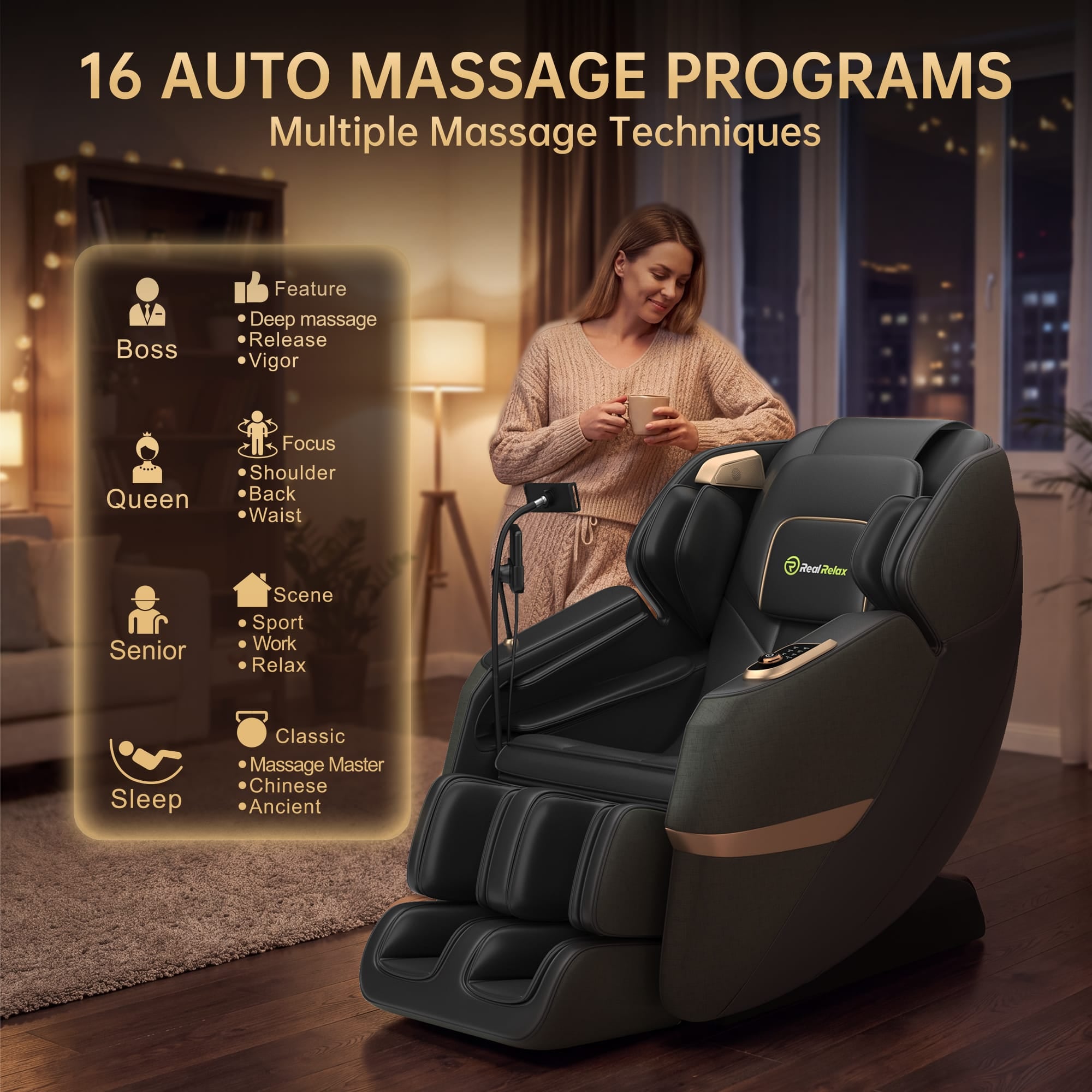 Real Relax Massage Chair Real Relax 3D Massage Chair, Full Body Zero Gravity Recliner with SL Track, Yoga Stretching, Foot Rollers, Bluetooth, Heating