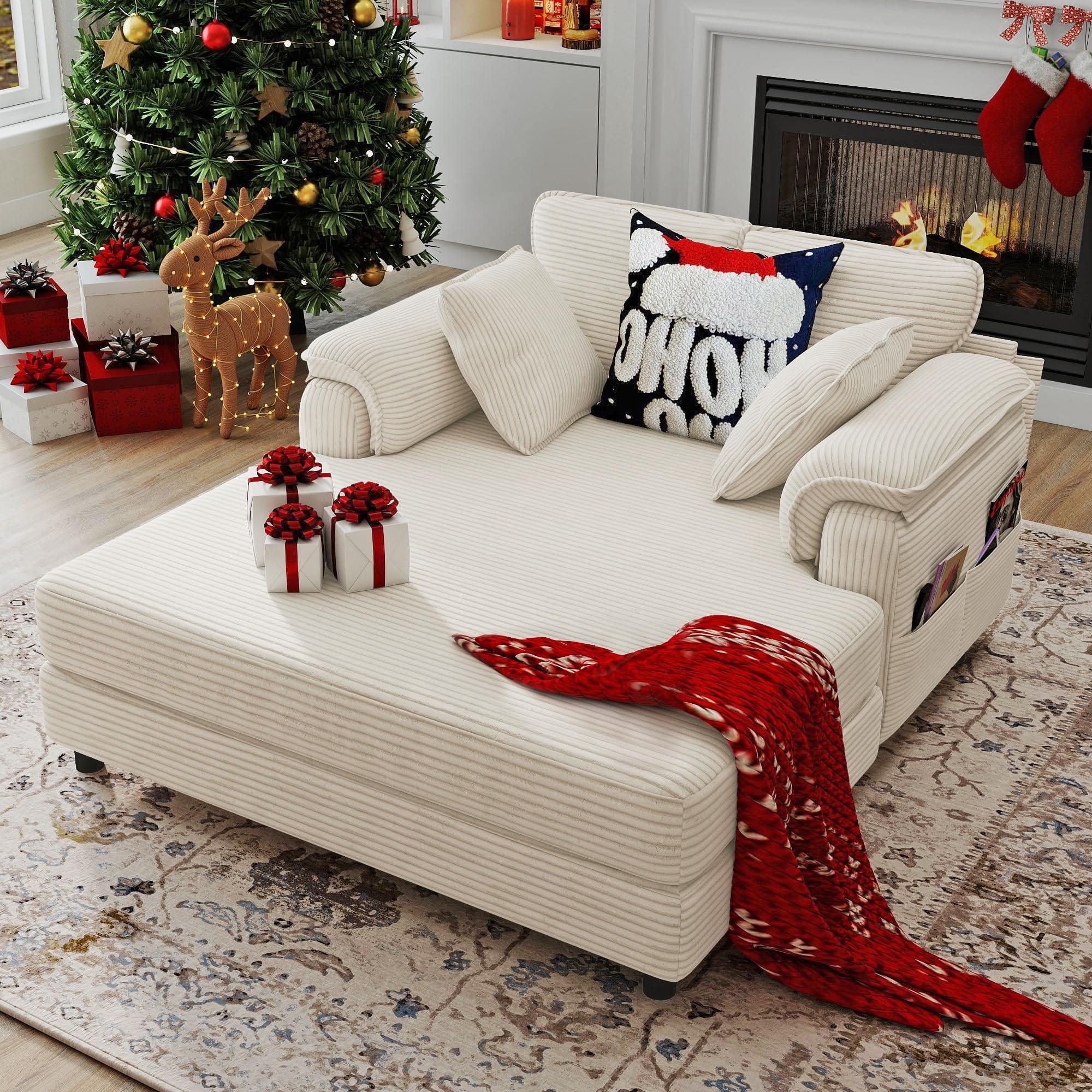 Real Relax Real Relax Chaise Lounge Chair Indoor, 58'' Oversized Comfy Upholstered Lounge Sofa Bed with Wooden and Iron Frame, Cozy Sleeper Couch for Living Room, Game Room, Apartment, Corduroy, Beige