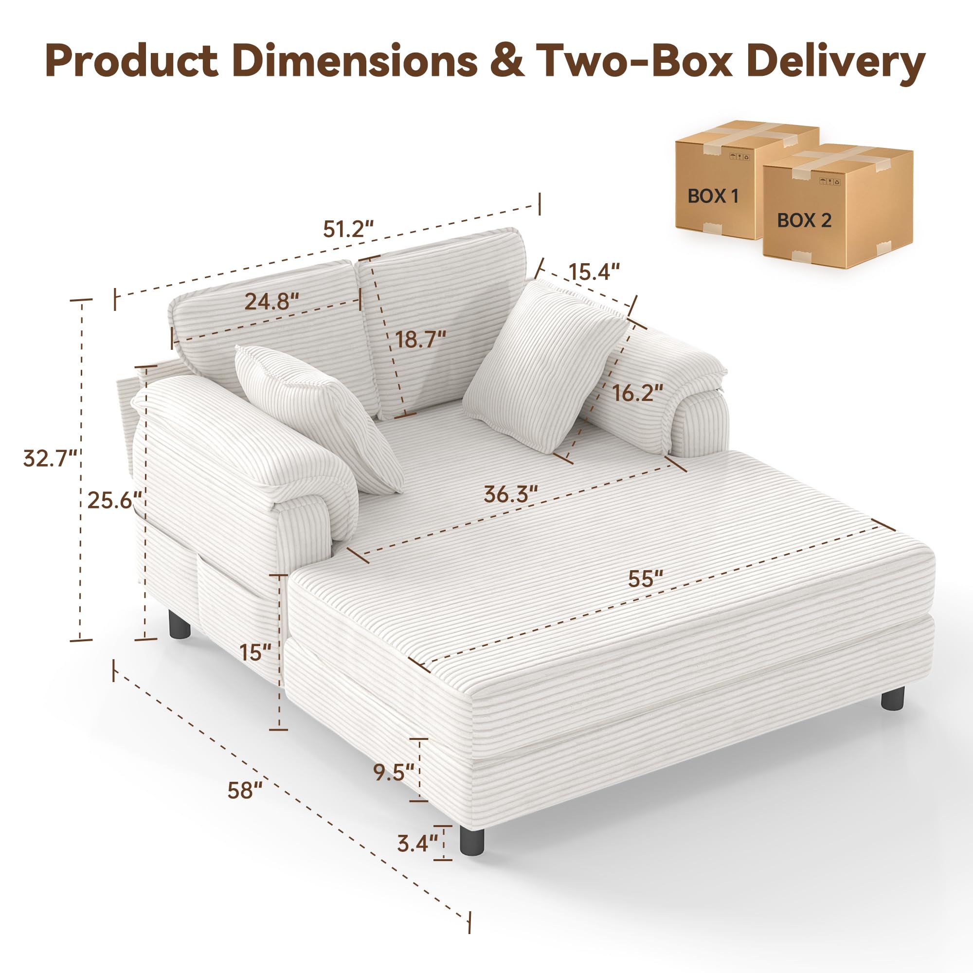 Real Relax Real Relax Chaise Lounge Chair Indoor, 58'' Oversized Comfy Upholstered Lounge Sofa Bed with Wooden and Iron Frame, Cozy Sleeper Couch for Living Room, Game Room, Apartment, Corduroy, Beige