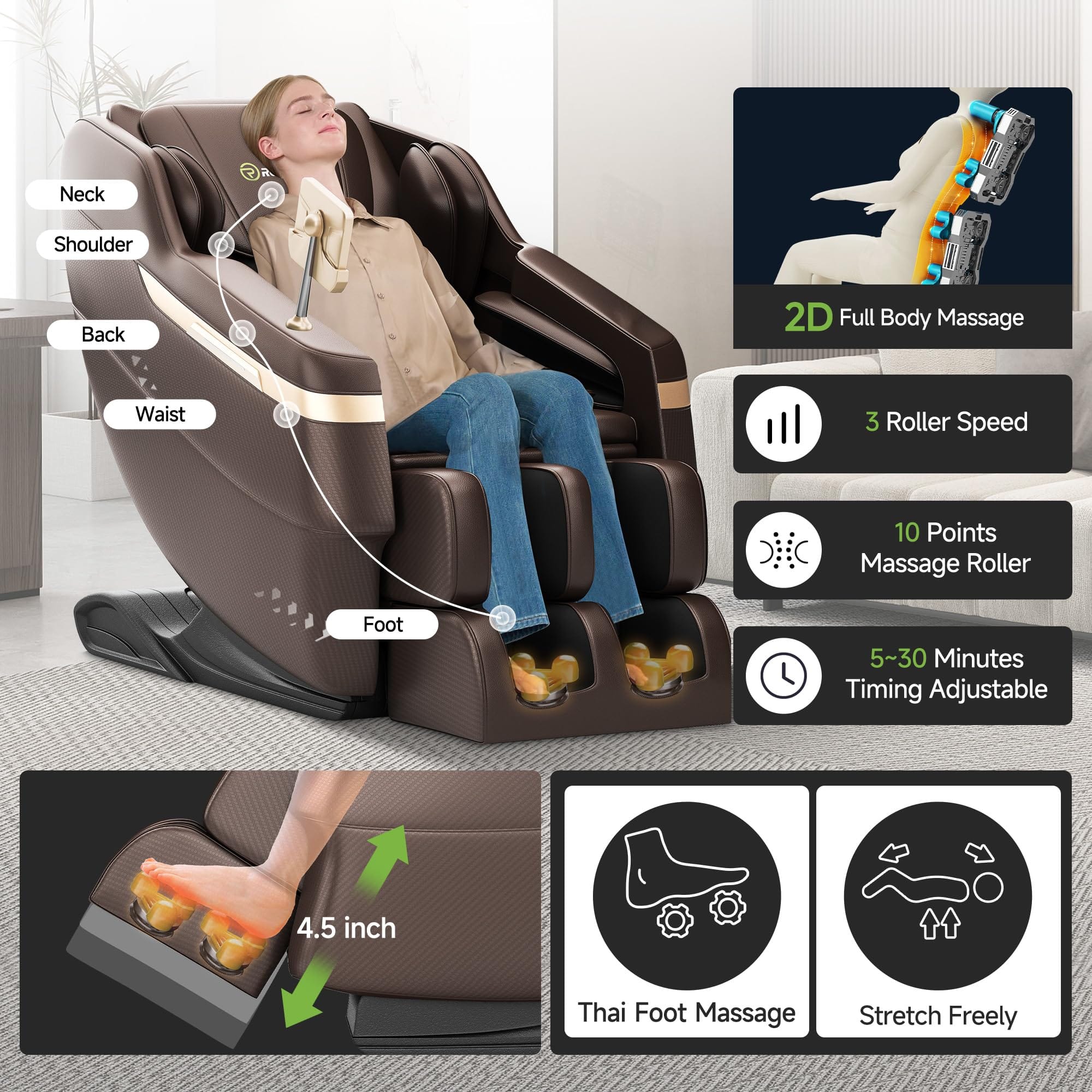 Real Relax Real Relax 2025 Full Body Massage Chair, Zero Gravity Shiatsu Massage Chair Recliner, Foot Massage, Bluetooth, Large Control Screen (Brown and Gold)