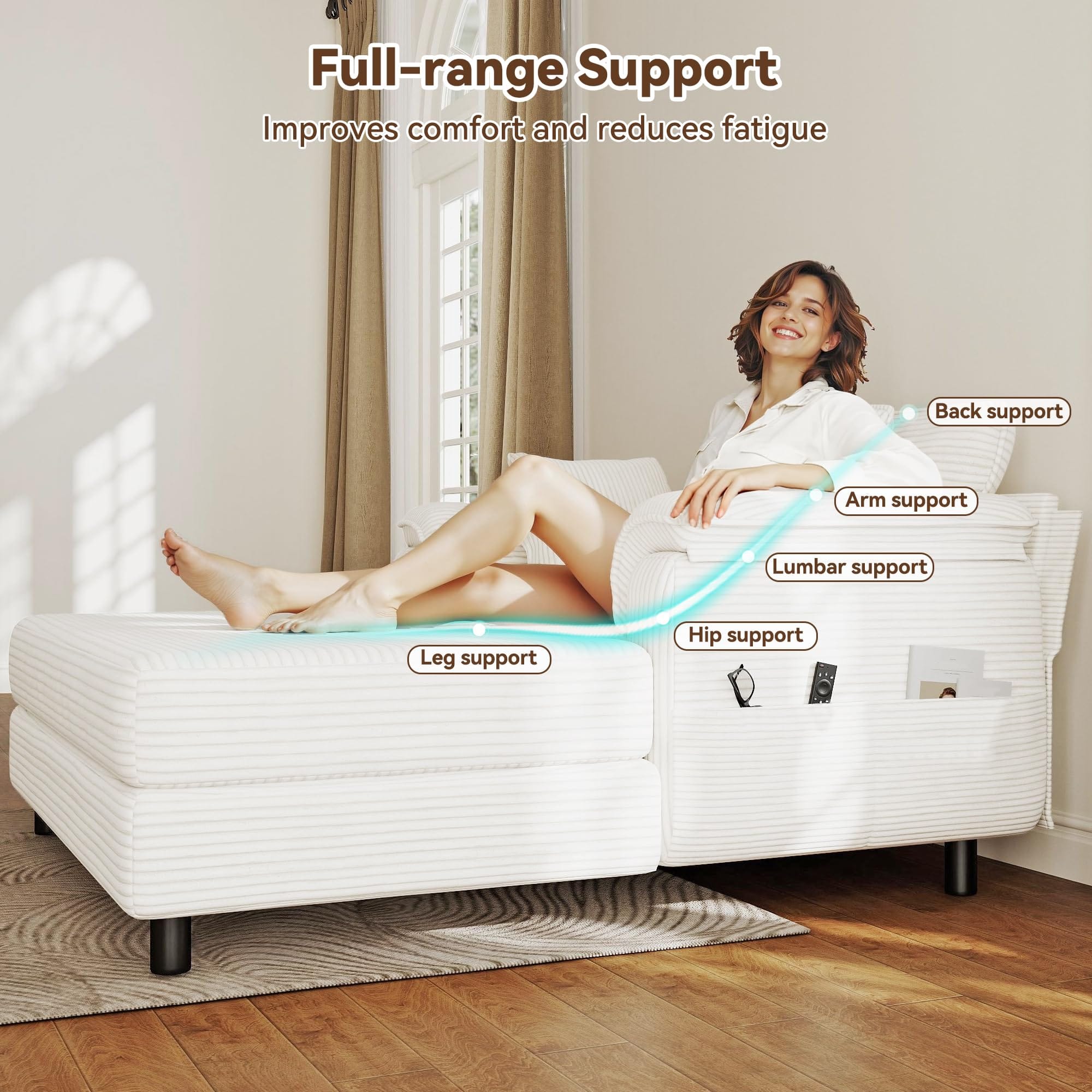 Real Relax Real Relax Chaise Lounge Chair Indoor, 58'' Oversized Comfy Upholstered Lounge Sofa Bed with Wooden and Iron Frame, Cozy Sleeper Couch for Living Room, Game Room, Apartment, Corduroy, Beige